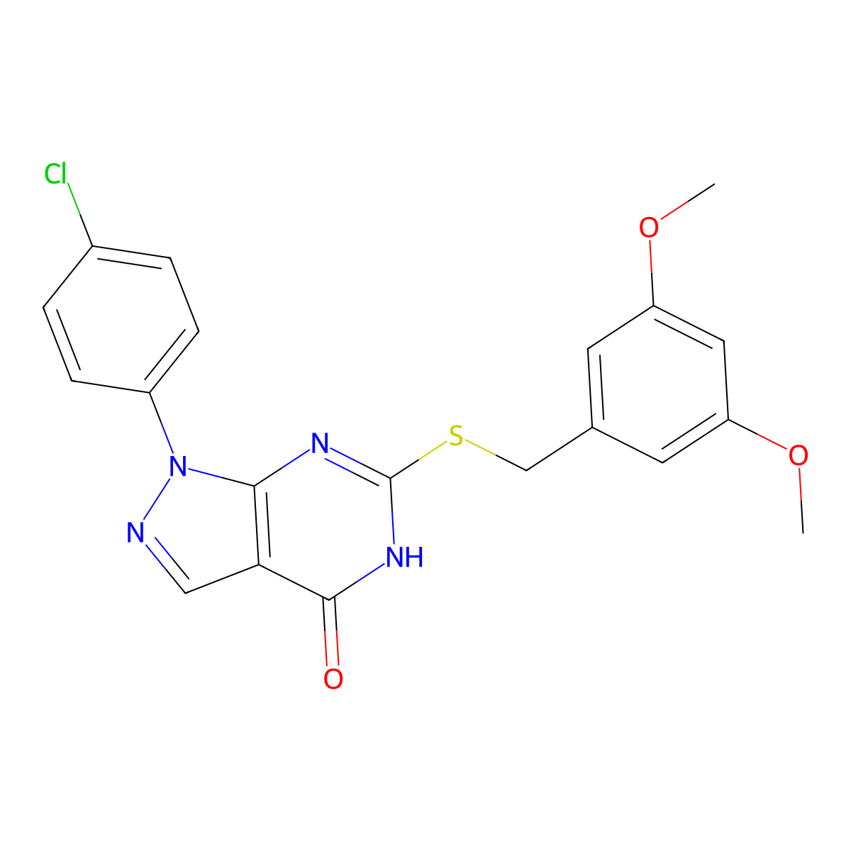 1-(4-chlorophenyl)-6-((3,5-dimethoxybenzyl)thio)-1H-pyrazolo[3,4-d]pyrimidin-4(5H)-one molecular structure, CAS 1005293-63-9