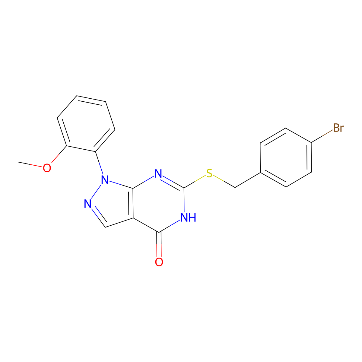 6-((4-bromobenzyl)thio)-1-(2-methoxyphenyl)-1H-pyrazolo[3,4-d]pyrimidin-4(5H)-one molecular structure, CAS 1005293-74-2