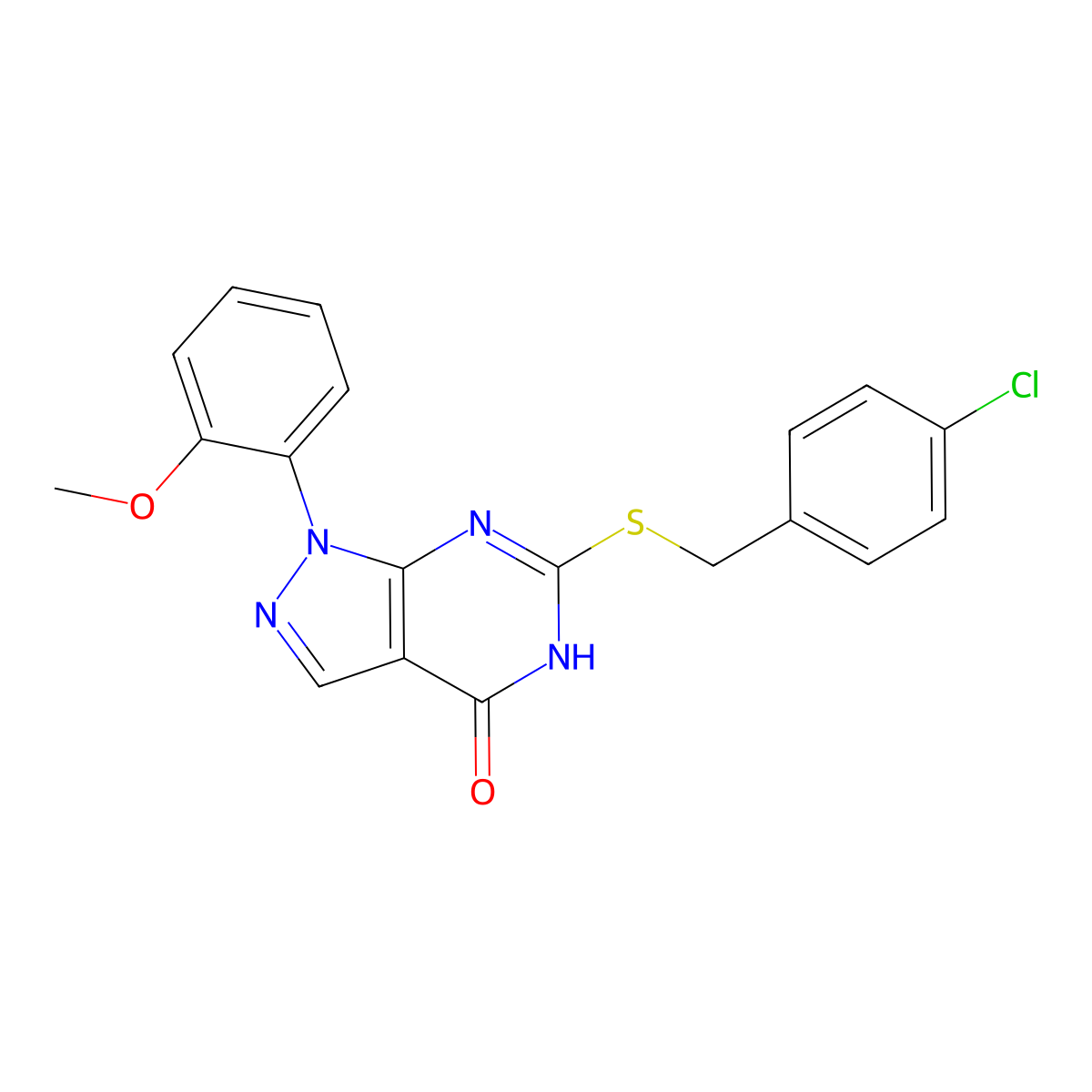 6-((4-chlorobenzyl)thio)-1-(2-methoxyphenyl)-1H-pyrazolo[3,4-d]pyrimidin-4(5H)-one molecular structure, CAS 1005293-76-4
