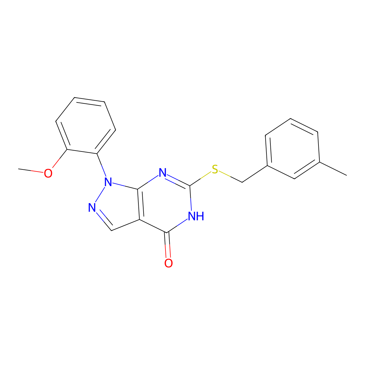 1-(2-methoxyphenyl)-6-((3-methylbenzyl)thio)-1H-pyrazolo[3,4-d]pyrimidin-4(5H)-one molecular structure, CAS 1005293-78-6
