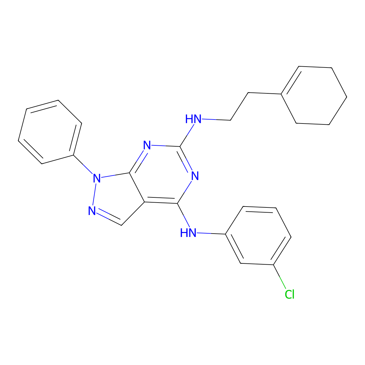 N4-(3-chlorophenyl)-N6-[2-(cyclohex-1-en-1-yl)ethyl]-1-phenyl-1H-pyrazolo[3,4-d]pyrimidine-4,6-diamine molecular structure, CAS 1005294-24-5