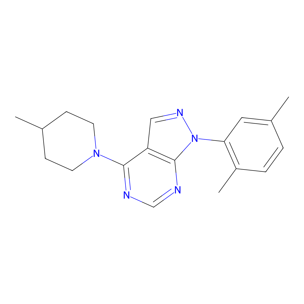 1-(2,5-dimethylphenyl)-4-(4-methylpiperidin-1-yl)-1H-pyrazolo[3,4-d]pyrimidine molecular structure, CAS 1005294-82-5