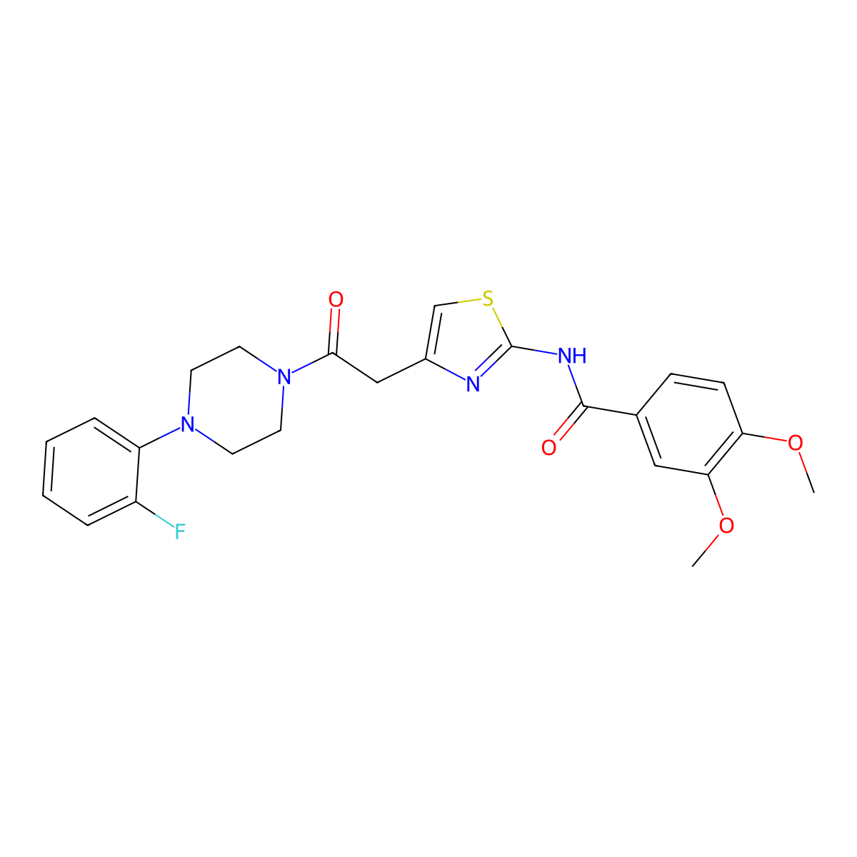 N-(4-(2-(4-(2-fluorophenyl)piperazin-1-yl)-2-oxoethyl)thiazol-2-yl)-3,4-dimethoxybenzamide molecular structure, CAS 1005294-88-1
