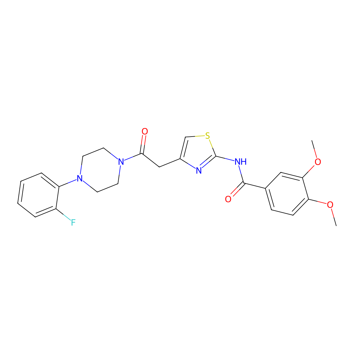 N-(4-(2-(4-(2-fluorophenyl)piperazin-1-yl)-2-oxoethyl)thiazol-2-yl)-3,4-dimethoxybenzamide molecular structure, CAS 1005294-88-1