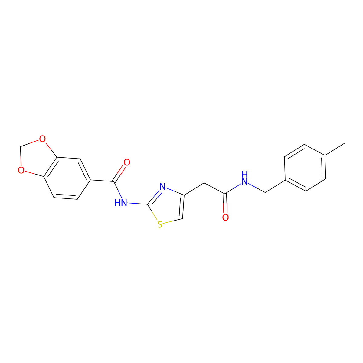 N-(4-(2-((4-methylbenzyl)amino)-2-oxoethyl)thiazol-2-yl)benzo[d][1,3]dioxole-5-carboxamide molecular structure, CAS 1005295-38-4