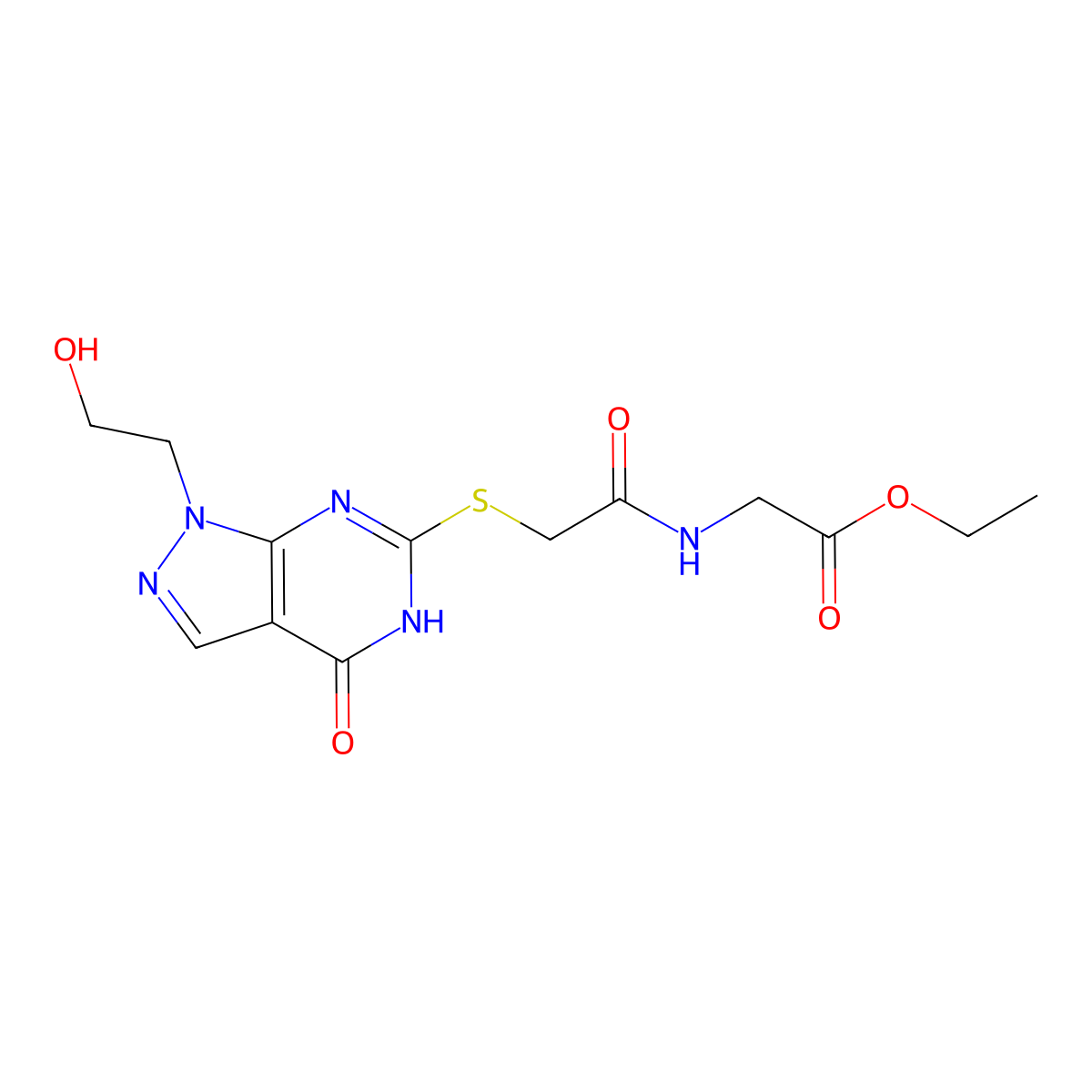 ethyl 2-(2-((1-(2-hydroxyethyl)-4-oxo-4,5-dihydro-1H-pyrazolo[3,4-d]pyrimidin-6-yl)thio)acetamido)acetate molecular structure, CAS 1005295-68-0