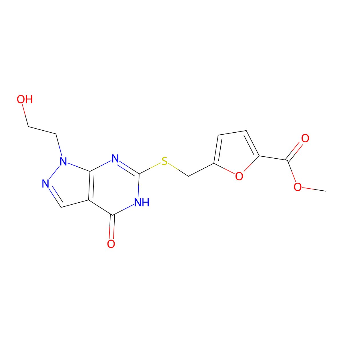 methyl 5-(((1-(2-hydroxyethyl)-4-oxo-4,5-dihydro-1H-pyrazolo[3,4-d]pyrimidin-6-yl)thio)methyl)furan-2-carboxylate molecular structure, CAS 1005295-74-8