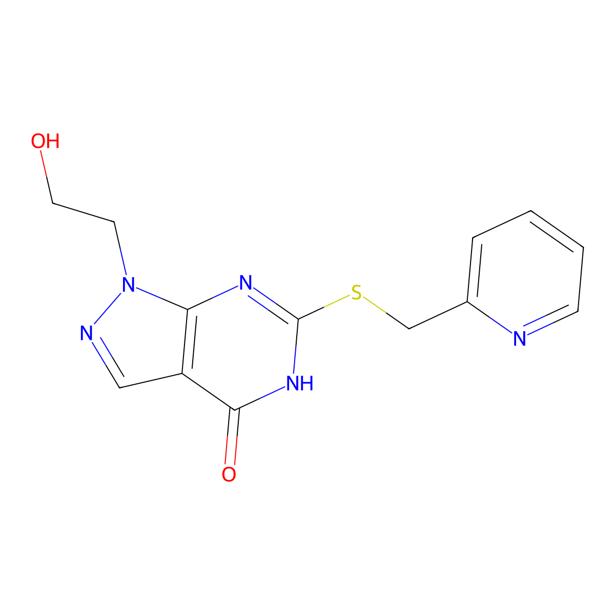 1-(2-hydroxyethyl)-6-((pyridin-2-ylmethyl)thio)-1H-pyrazolo[3,4-d]pyrimidin-4(5H)-one molecular structure, CAS 1005295-77-1