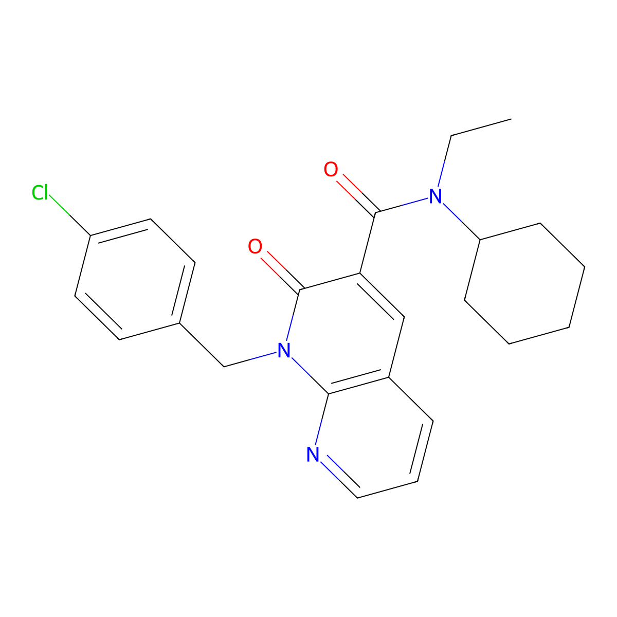 1-(4-chlorobenzyl)-N-cyclohexyl-N-ethyl-2-oxo-1,2-dihydro-1,8-naphthyridine-3-carboxamide molecular structure, CAS 1005296-46-7