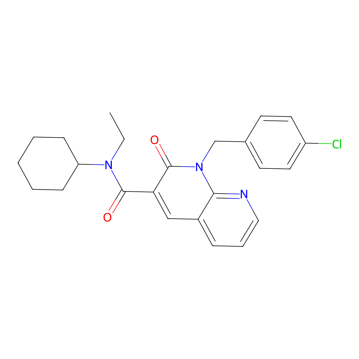 1-(4-chlorobenzyl)-N-cyclohexyl-N-ethyl-2-oxo-1,2-dihydro-1,8-naphthyridine-3-carboxamide molecular structure, CAS 1005296-46-7