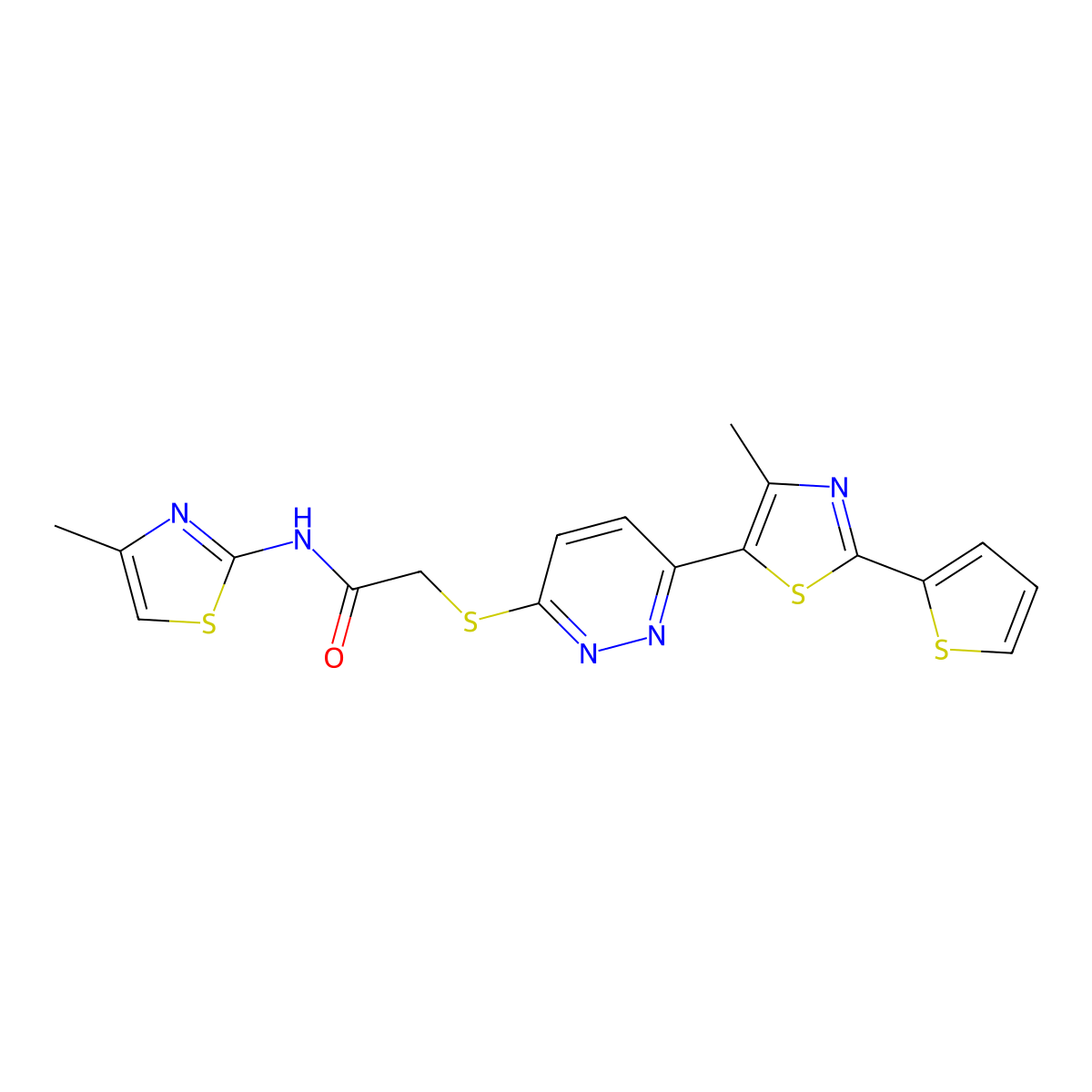 2-((6-(4-methyl-2-(thiophen-2-yl)thiazol-5-yl)pyridazin-3-yl)thio)-N-(4-methylthiazol-2-yl)acetamide molecular structure, CAS 1005296-77-4