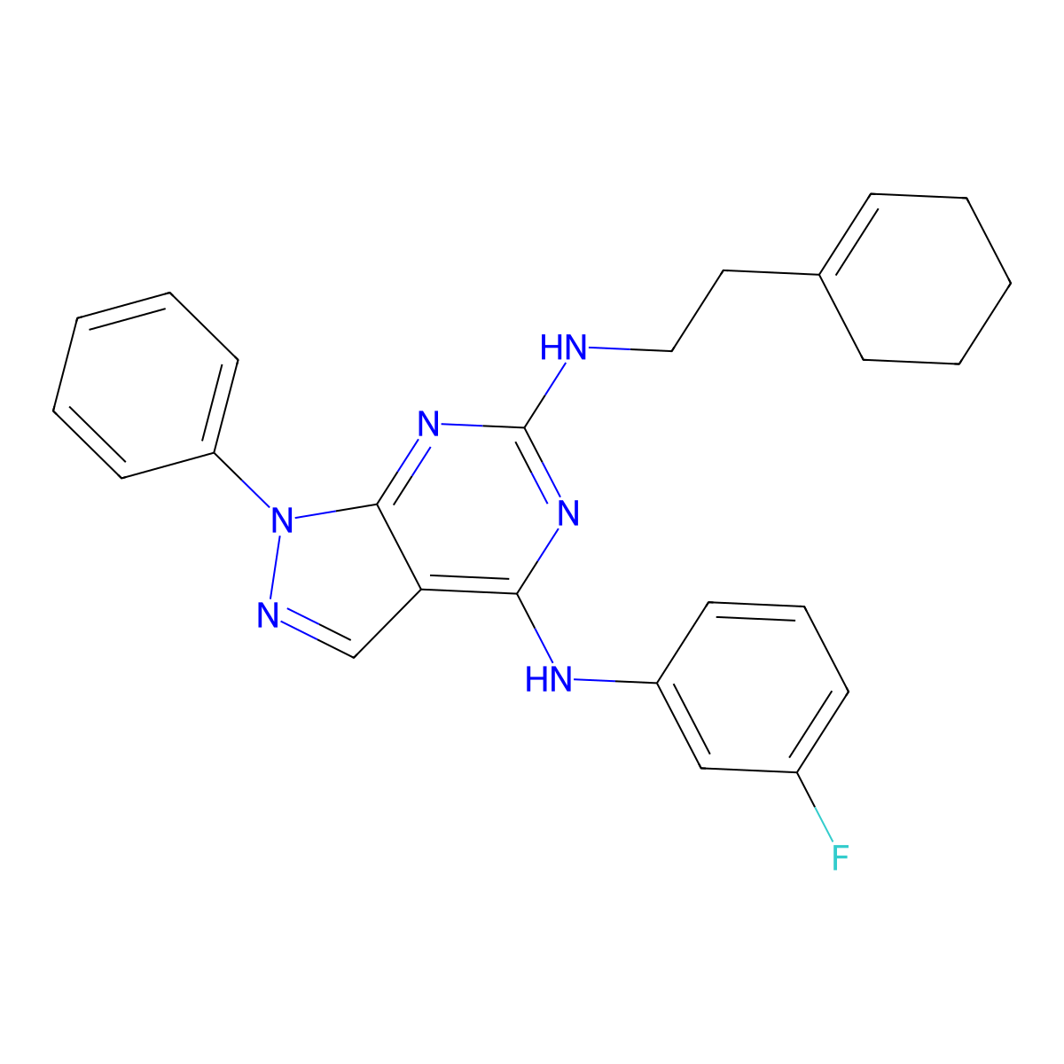 N~6~-(2-cyclohex-1-en-1-ylethyl)-N~4~-(3-fluorophenyl)-1-phenyl-1H-pyrazolo[3,4-d]pyrimidine-4,6-diamine molecular structure, CAS 1005296-97-8