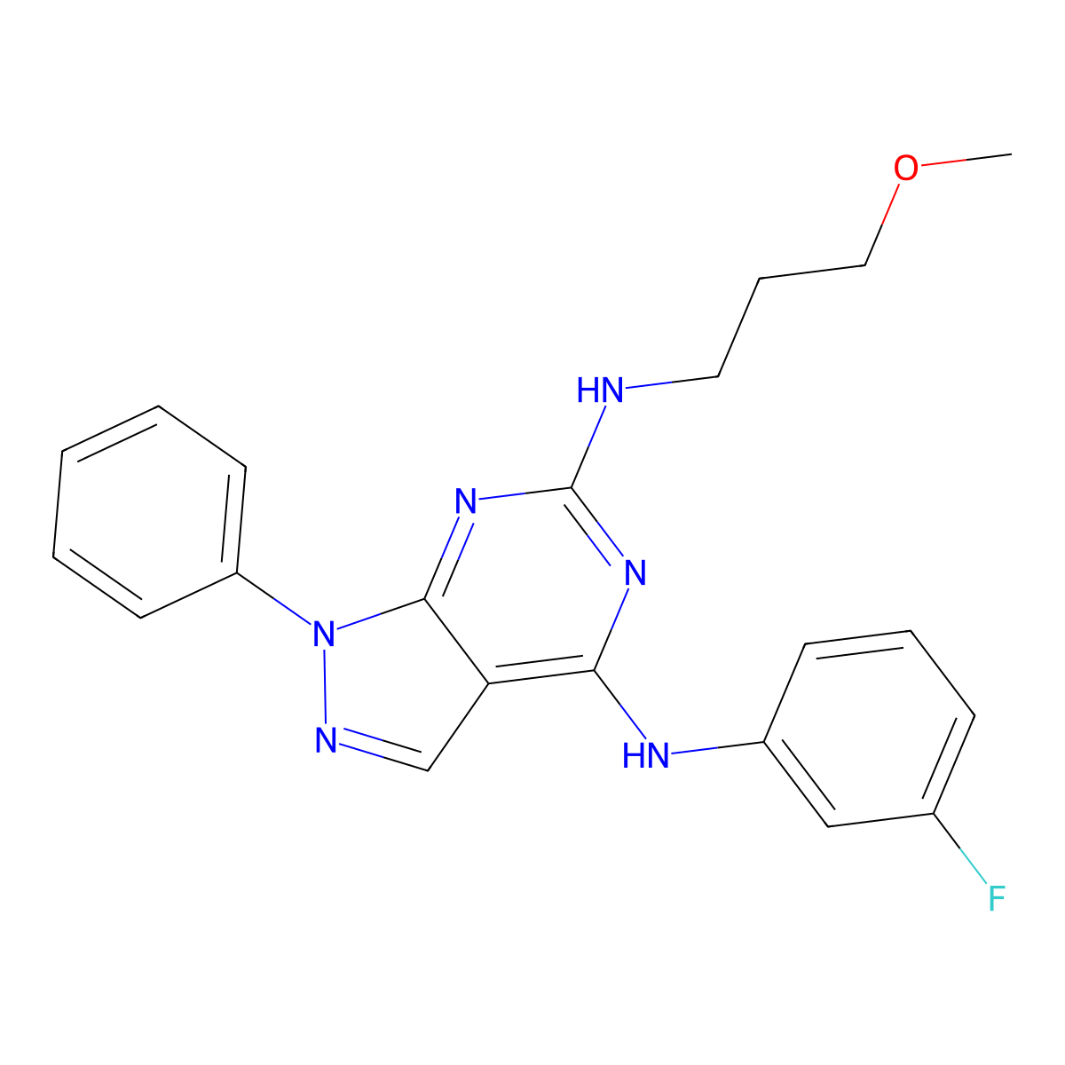 N4-(3-fluorophenyl)-N6-(3-methoxypropyl)-1-phenyl-1H-pyrazolo[3,4-d]pyrimidine-4,6-diamine molecular structure, CAS 1005297-00-6