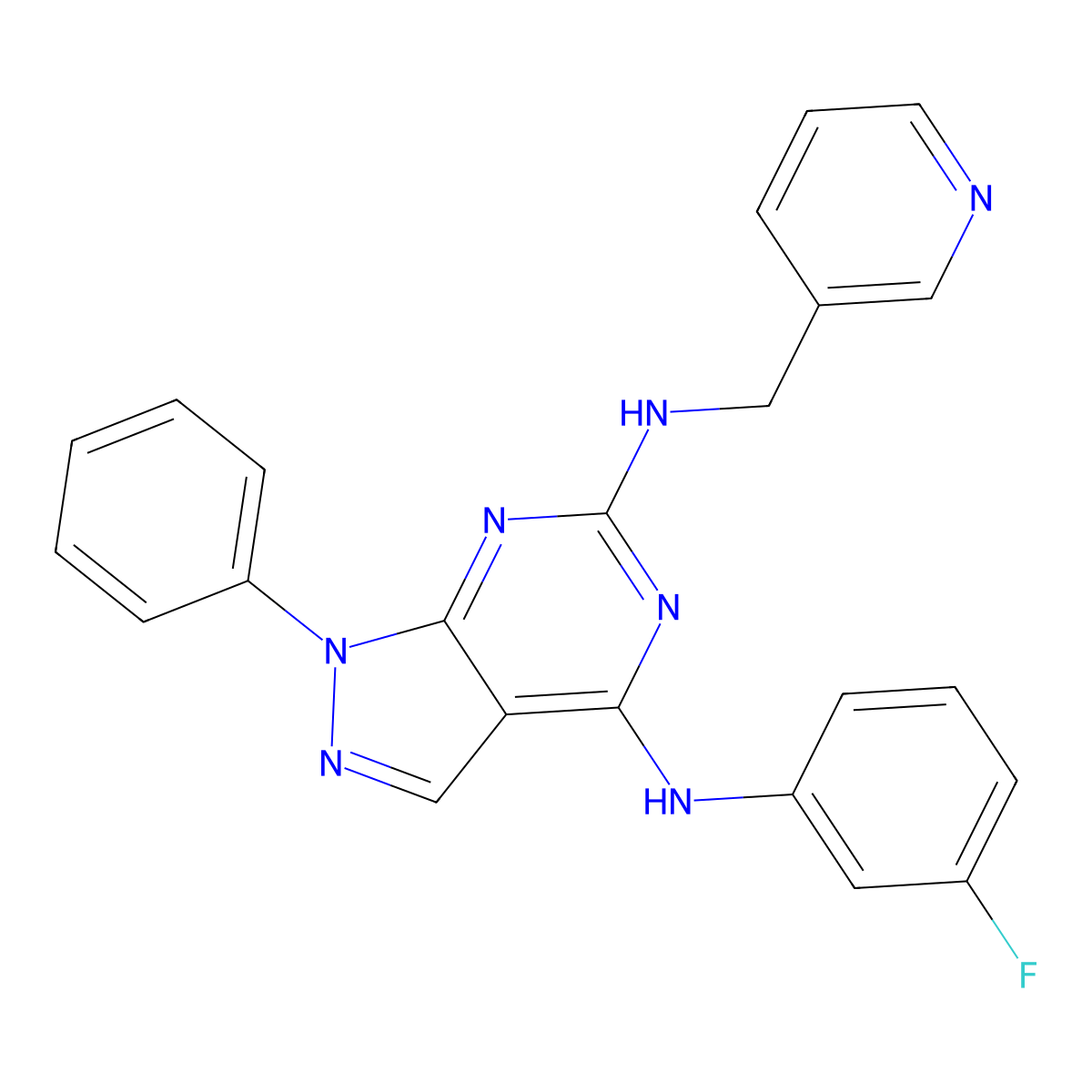 N~4~-(3-fluorophenyl)-1-phenyl-N~6~-(pyridin-3-ylmethyl)-1H-pyrazolo[3,4-d]pyrimidine-4,6-diamine molecular structure, CAS 1005297-03-9