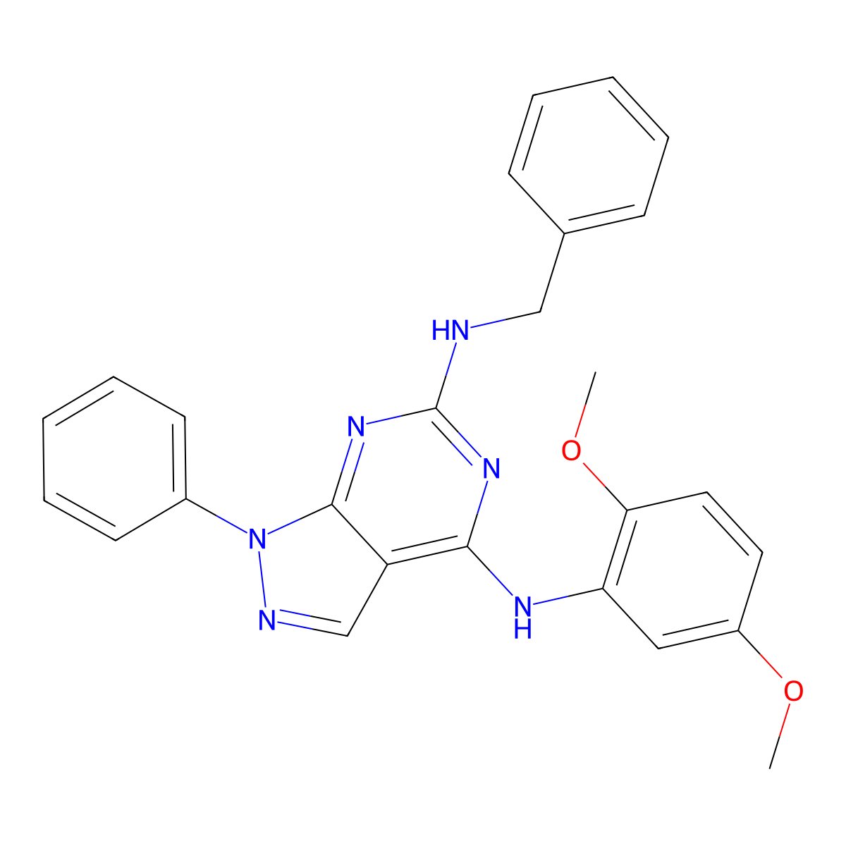 N6-benzyl-N4-(2,5-dimethoxyphenyl)-1-phenyl-1H-pyrazolo[3,4-d]pyrimidine-4,6-diamine molecular structure, CAS 1005297-06-2