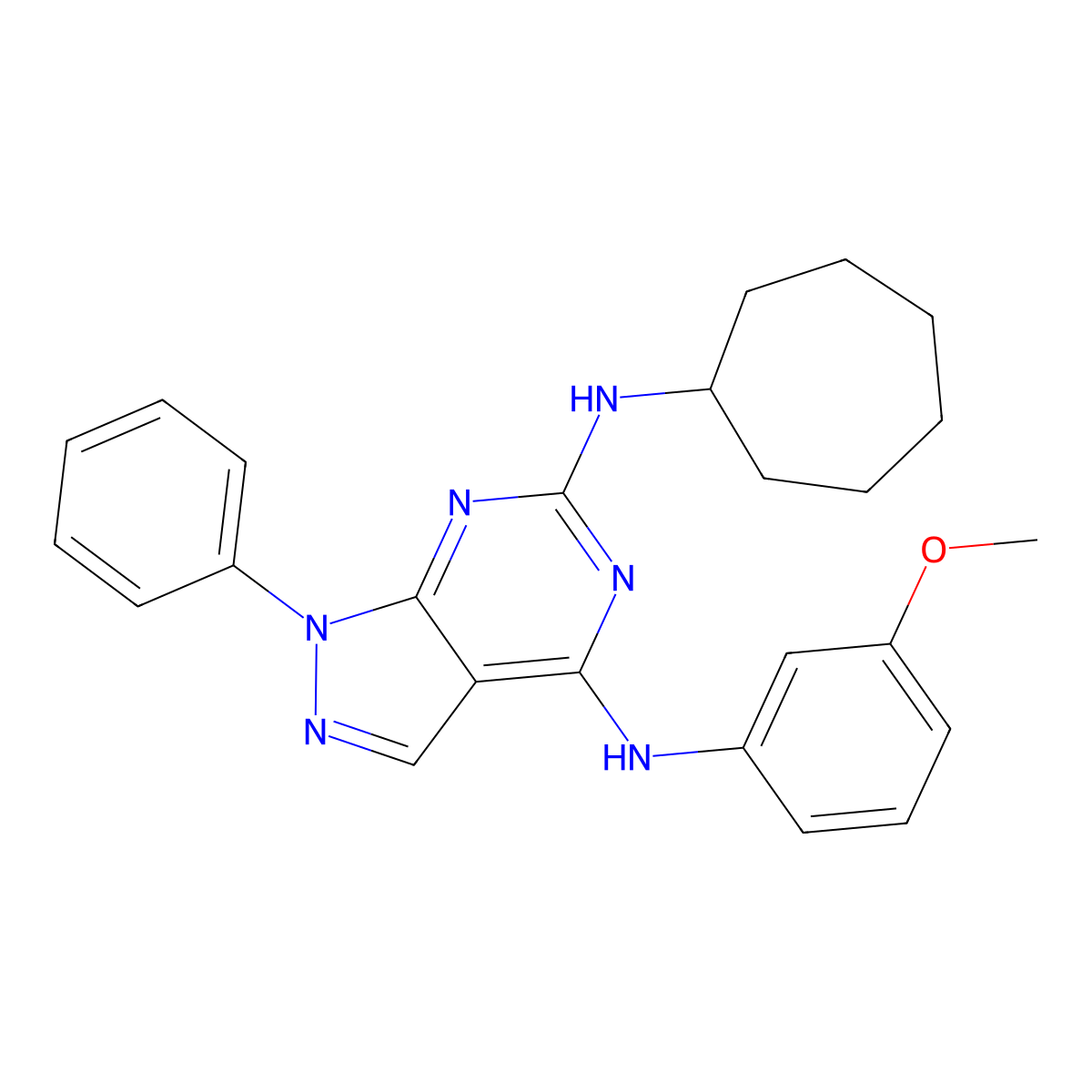 N6-cycloheptyl-N4-(3-methoxyphenyl)-1-phenyl-1H-pyrazolo[3,4-d]pyrimidine-4,6-diamine molecular structure, CAS 1005297-13-1