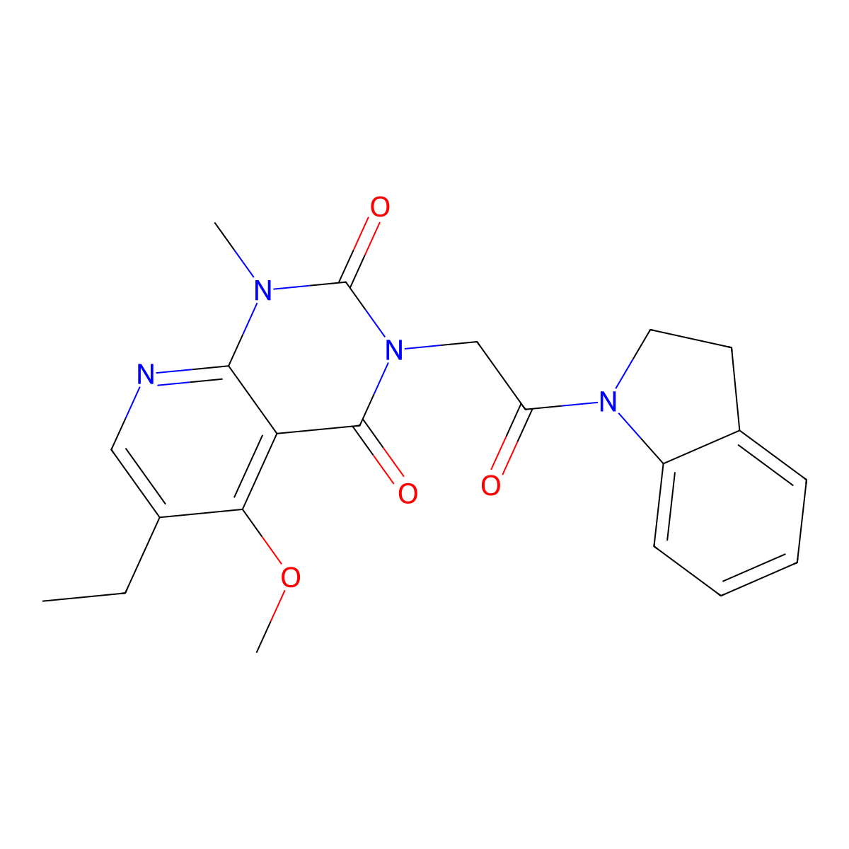 6-ethyl-3-(2-(indolin-1-yl)-2-oxoethyl)-5-methoxy-1-methylpyrido[2,3-d]pyrimidine-2,4(1H,3H)-dione molecular structure, CAS 1005297-24-4