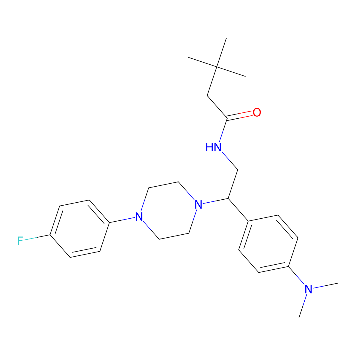 N-(2-(4-(dimethylamino)phenyl)-2-(4-(4-fluorophenyl)piperazin-1-yl)ethyl)-3,3-dimethylbutanamide molecular structure, CAS 1005297-53-9
