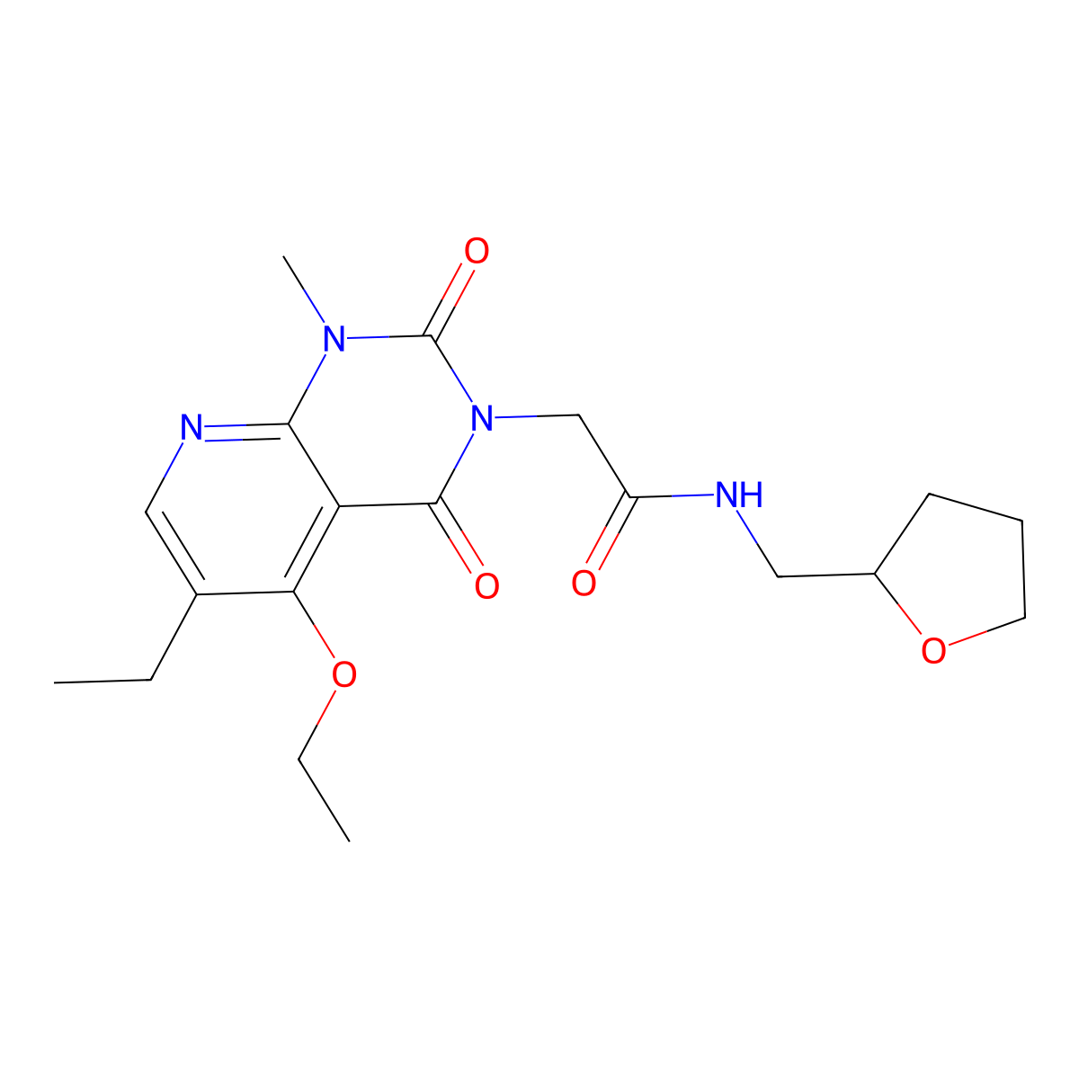 2-(5-ethoxy-6-ethyl-1-methyl-2,4-dioxo-1,2-dihydropyrido[2,3-d]pyrimidin-3(4H)-yl)-N-((tetrahydrofuran-2-yl)methyl)acetamide molecular structure, CAS 1005298-34-9