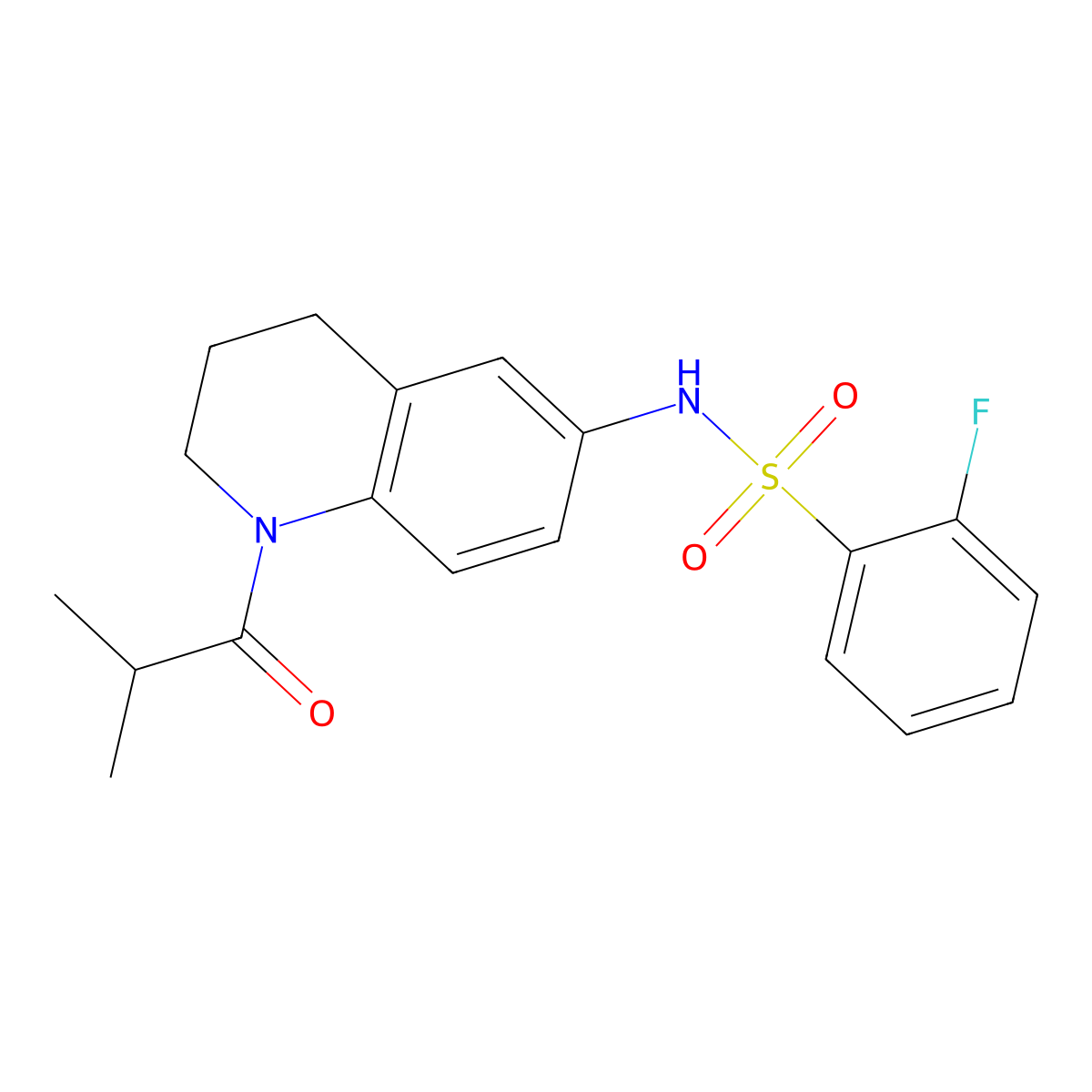 2-fluoro-N-(1-isobutyryl-1,2,3,4-tetrahydroquinolin-6-yl)benzenesulfonamide molecular structure, CAS 1005299-96-6