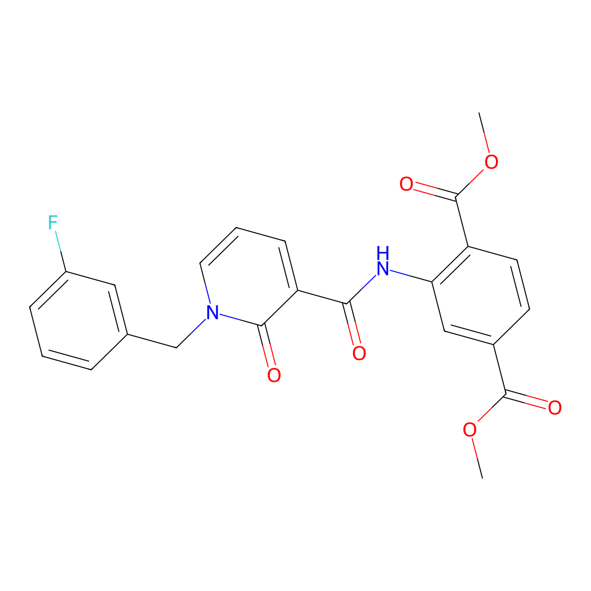 Dimethyl 2-(1-(3-fluorobenzyl)-2-oxo-1,2-dihydropyridine-3-carboxamido)terephthalate molecular structure, CAS 1005300-03-7