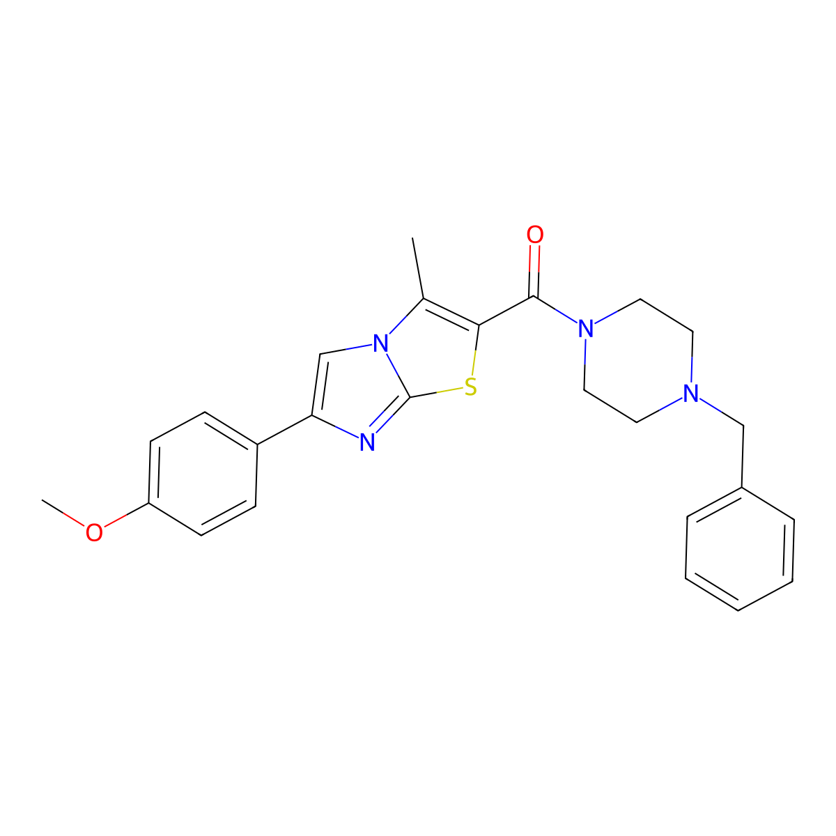 (4-Benzylpiperazin-1-yl)(6-(4-methoxyphenyl)-3-methylimidazo[2,1-b]thiazol-2-yl)methanone molecular structure, CAS 1005300-67-3
