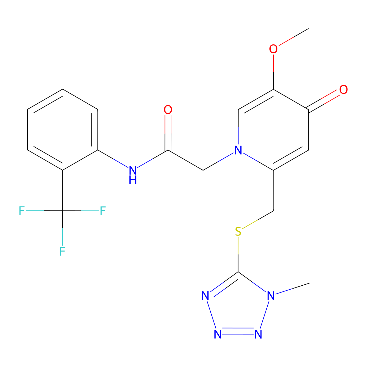 2-(5-methoxy-2-(((1-methyl-1H-tetrazol-5-yl)thio)methyl)-4-oxopyridin-1(4H)-yl)-N-(2-(trifluoromethyl)phenyl)acetamide molecular structure, CAS 1005302-26-0