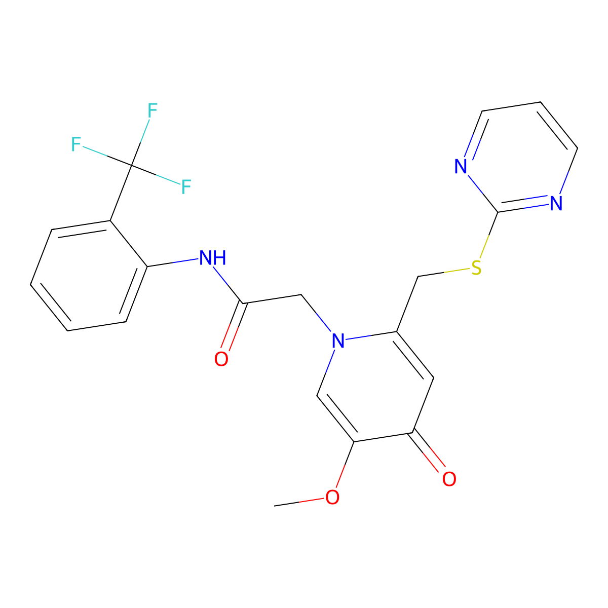 2-(5-methoxy-4-oxo-2-((pyrimidin-2-ylthio)methyl)pyridin-1(4H)-yl)-N-(2-(trifluoromethyl)phenyl)acetamide molecular structure, CAS 1005302-52-2