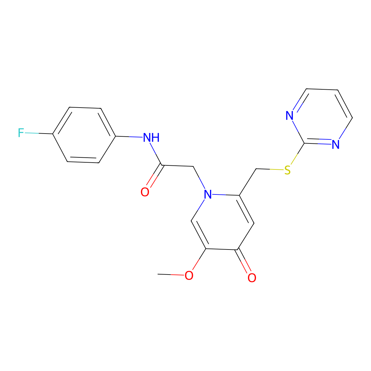 N-(4-fluorophenyl)-2-(5-methoxy-4-oxo-2-((pyrimidin-2-ylthio)methyl)pyridin-1(4H)-yl)acetamide molecular structure, CAS 1005302-54-4