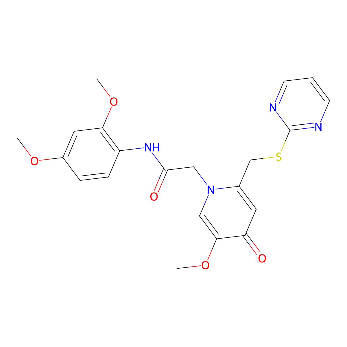 N-(2,4-dimethoxyphenyl)-2-(5-methoxy-4-oxo-2-((pyrimidin-2-ylthio)methyl)pyridin-1(4H)-yl)acetamide molecular structure, CAS 1005302-60-2
