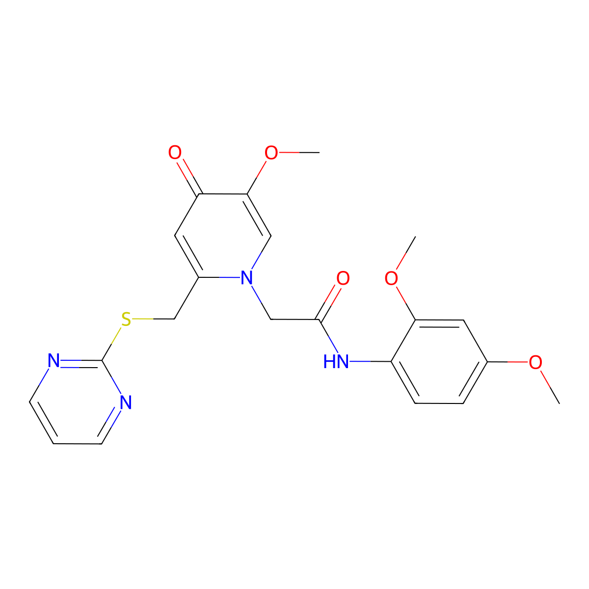 N-(2,4-dimethoxyphenyl)-2-(5-methoxy-4-oxo-2-((pyrimidin-2-ylthio)methyl)pyridin-1(4H)-yl)acetamide molecular structure, CAS 1005302-60-2