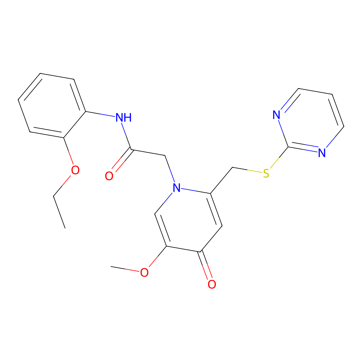 N-(2-ethoxyphenyl)-2-(5-methoxy-4-oxo-2-((pyrimidin-2-ylthio)methyl)pyridin-1(4H)-yl)acetamide molecular structure, CAS 1005302-71-5