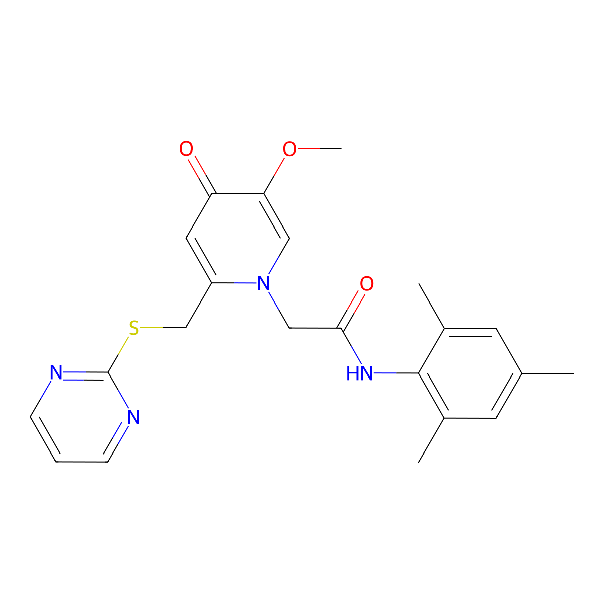 N-mesityl-2-(5-methoxy-4-oxo-2-((pyrimidin-2-ylthio)methyl)pyridin-1(4H)-yl)acetamide molecular structure, CAS 1005302-75-9