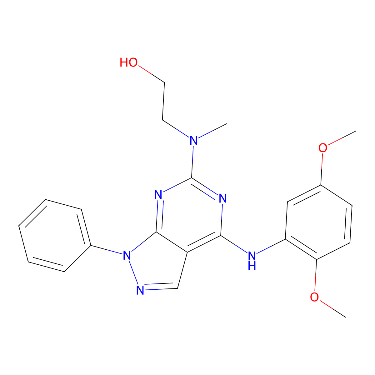 2-((4-((2,5-dimethoxyphenyl)amino)-1-phenyl-1H-pyrazolo[3,4-d]pyrimidin-6-yl)(methyl)amino)ethanol molecular structure, CAS 1005302-77-1