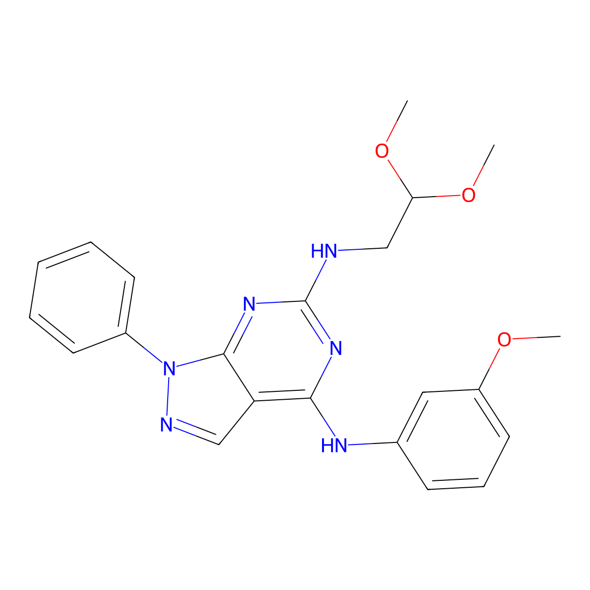 N6-(2,2-dimethoxyethyl)-N4-(3-methoxyphenyl)-1-phenyl-1H-pyrazolo[3,4-d]pyrimidine-4,6-diamine molecular structure, CAS 1005302-80-6