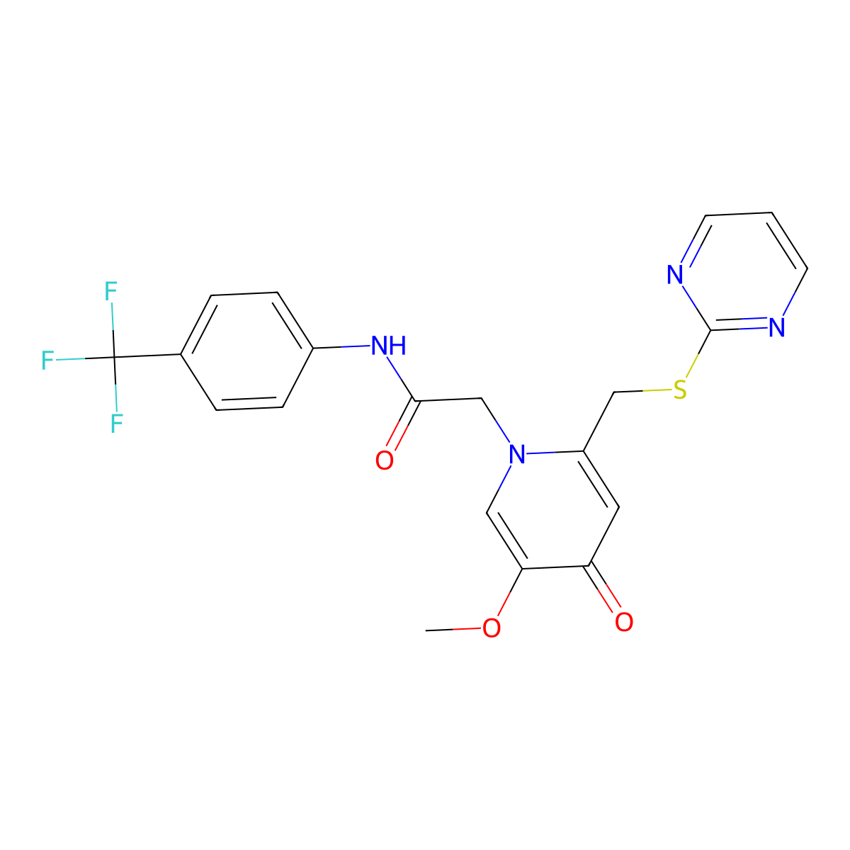 2-(5-methoxy-4-oxo-2-((pyrimidin-2-ylthio)methyl)pyridin-1(4H)-yl)-N-(4-(trifluoromethyl)phenyl)acetamide molecular structure, CAS 1005302-81-7