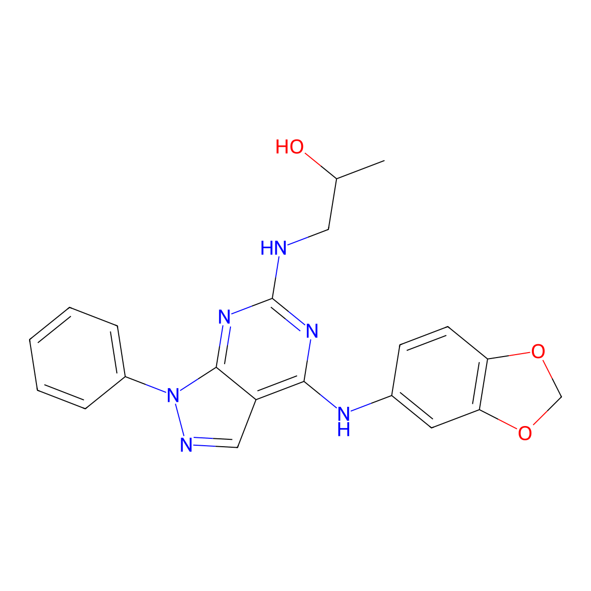 1-((4-(benzo[d][1,3]dioxol-5-ylamino)-1-phenyl-1H-pyrazolo[3,4-d]pyrimidin-6-yl)amino)propan-2-ol molecular structure, CAS 1005302-83-9