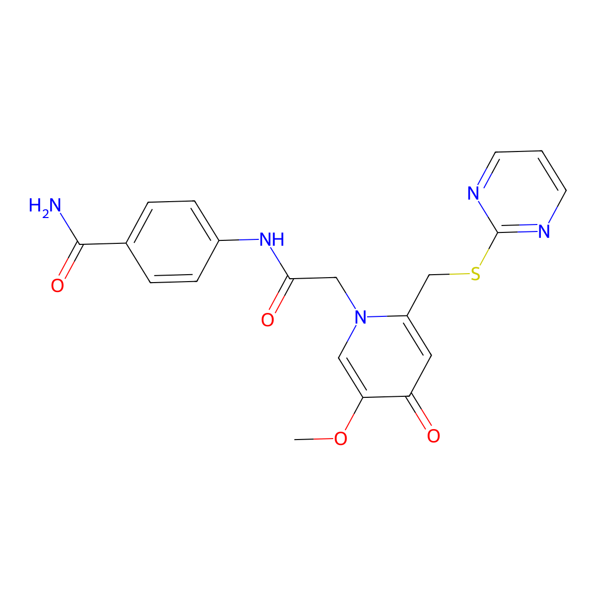 4-(2-(5-methoxy-4-oxo-2-((pyrimidin-2-ylthio)methyl)pyridin-1(4H)-yl)acetamido)benzamide molecular structure, CAS 1005302-88-4