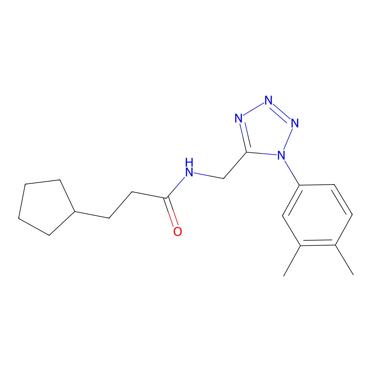 3-cyclopentyl-N-((1-(3,4-dimethylphenyl)-1H-tetrazol-5-yl)methyl)propanamide molecular structure, CAS 1005302-89-5
