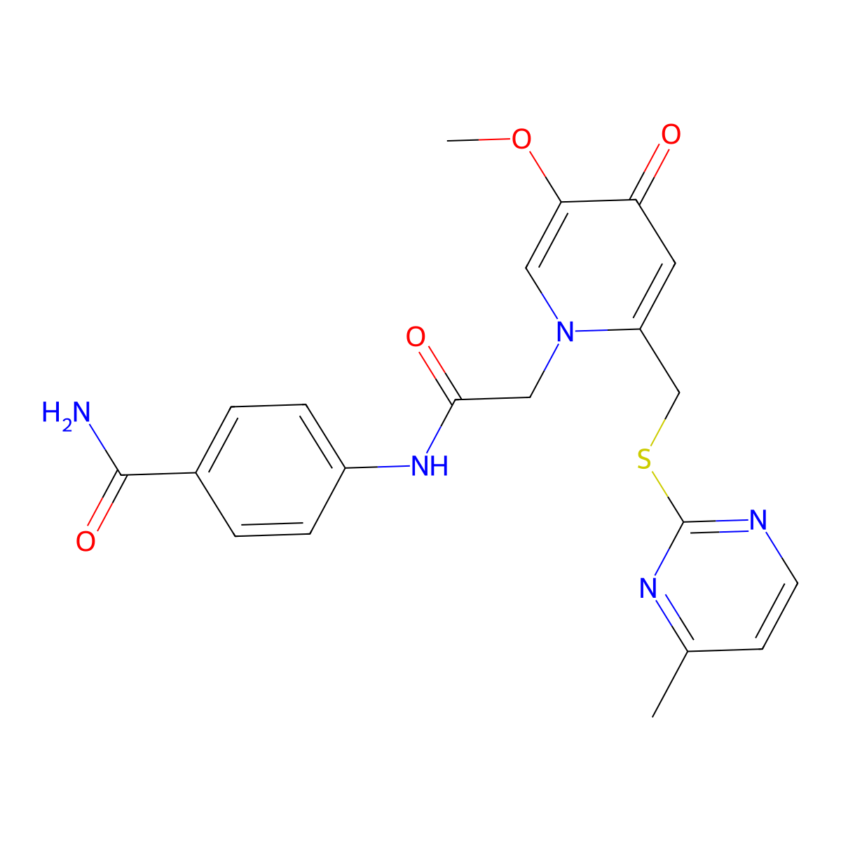 4-(2-(5-methoxy-2-(((4-methylpyrimidin-2-yl)thio)methyl)-4-oxopyridin-1(4H)-yl)acetamido)benzamide molecular structure, CAS 1005303-00-3