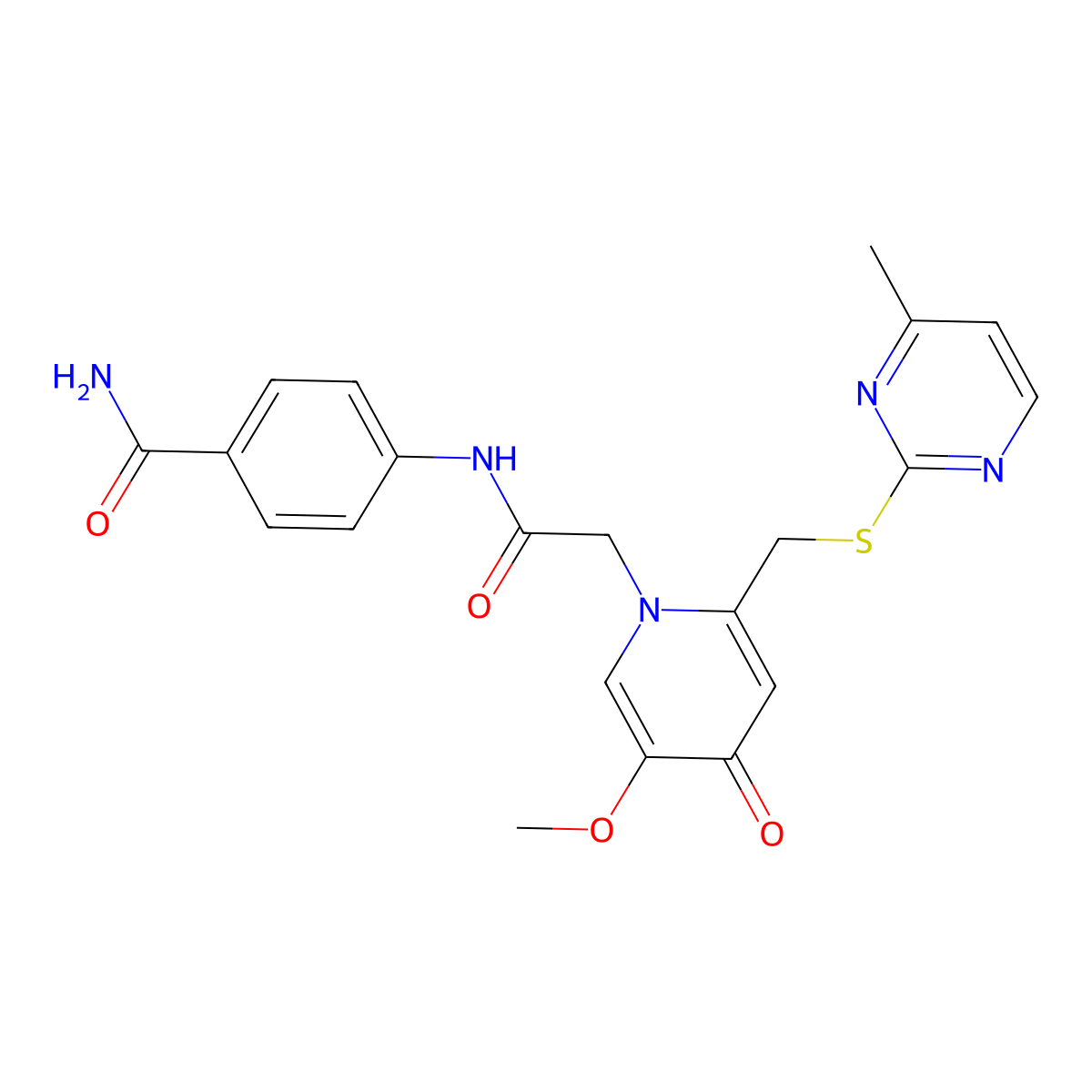 4-(2-(5-methoxy-2-(((4-methylpyrimidin-2-yl)thio)methyl)-4-oxopyridin-1(4H)-yl)acetamido)benzamide molecular structure, CAS 1005303-00-3