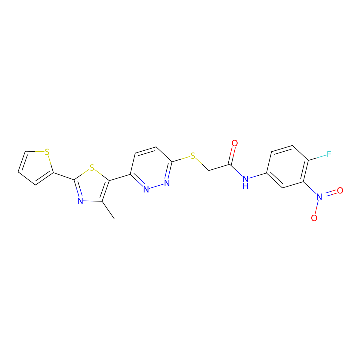 N-(4-fluoro-3-nitrophenyl)-2-((6-(4-methyl-2-(thiophen-2-yl)thiazol-5-yl)pyridazin-3-yl)thio)acetamide molecular structure, CAS 1005304-69-7