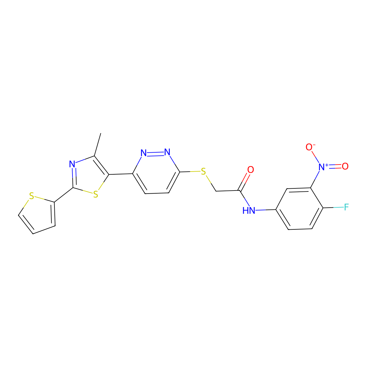 N-(4-fluoro-3-nitrophenyl)-2-((6-(4-methyl-2-(thiophen-2-yl)thiazol-5-yl)pyridazin-3-yl)thio)acetamide molecular structure, CAS 1005304-69-7