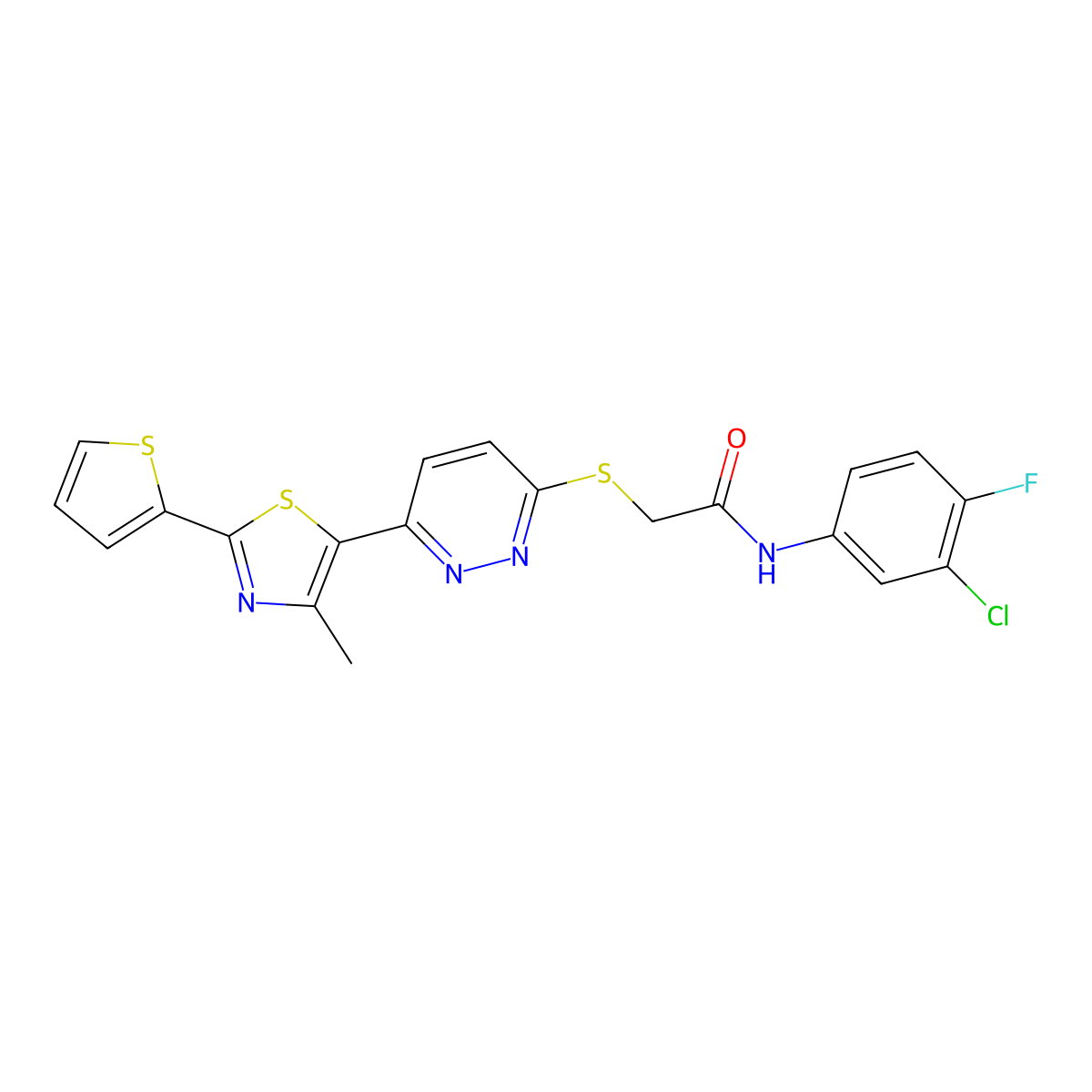 N-(3-chloro-4-fluorophenyl)-2-((6-(4-methyl-2-(thiophen-2-yl)thiazol-5-yl)pyridazin-3-yl)thio)acetamide molecular structure, CAS 1005304-77-7