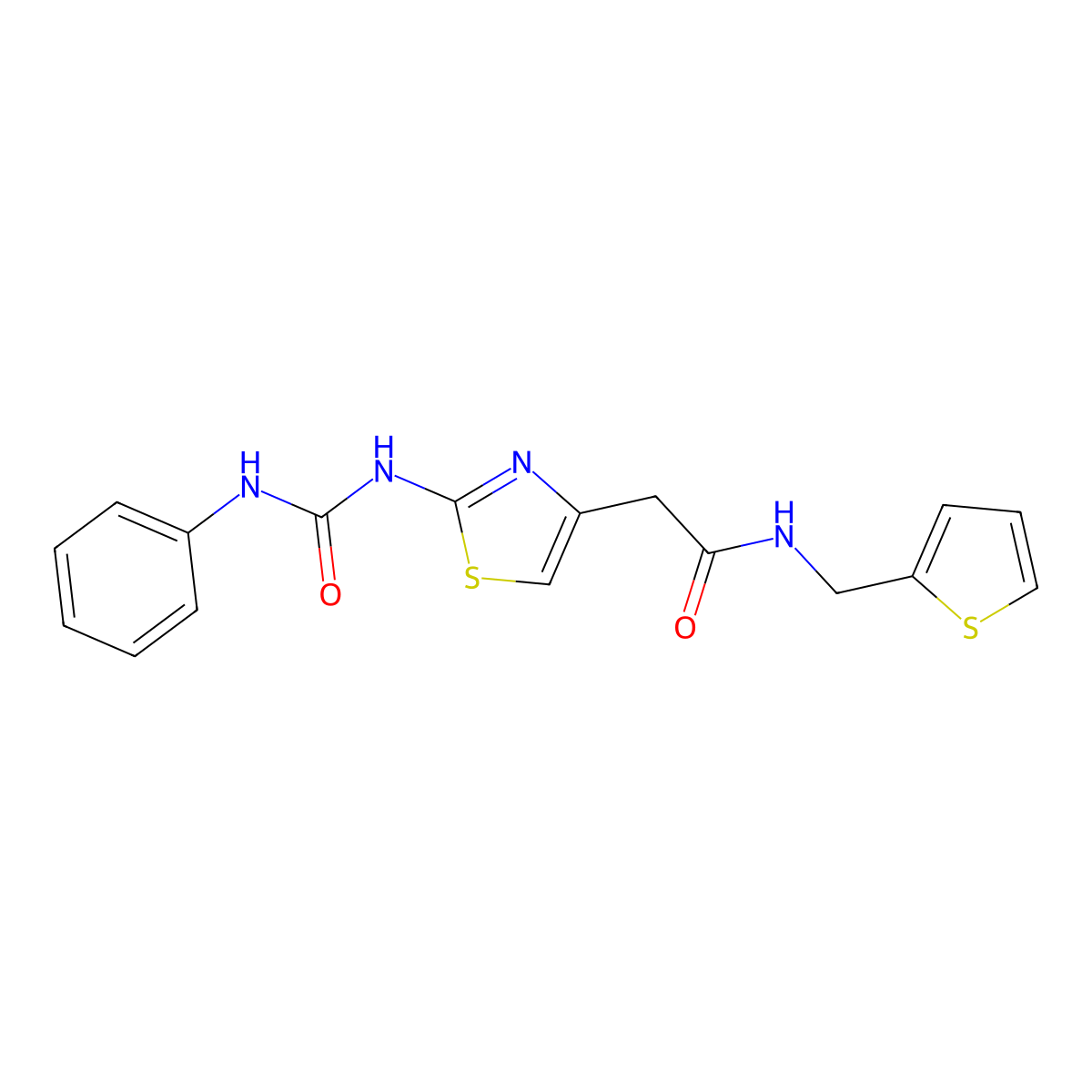 2-(2-(3-phenylureido)thiazol-4-yl)-N-(thiophen-2-ylmethyl)acetamide molecular structure, CAS 1005305-03-2