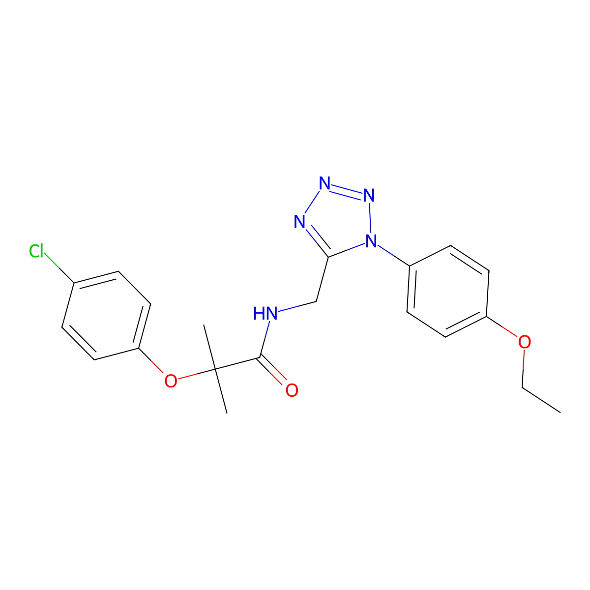 2-(4-chlorophenoxy)-N-((1-(4-ethoxyphenyl)-1H-tetrazol-5-yl)methyl)-2-methylpropanamide molecular structure, CAS 1005305-72-5