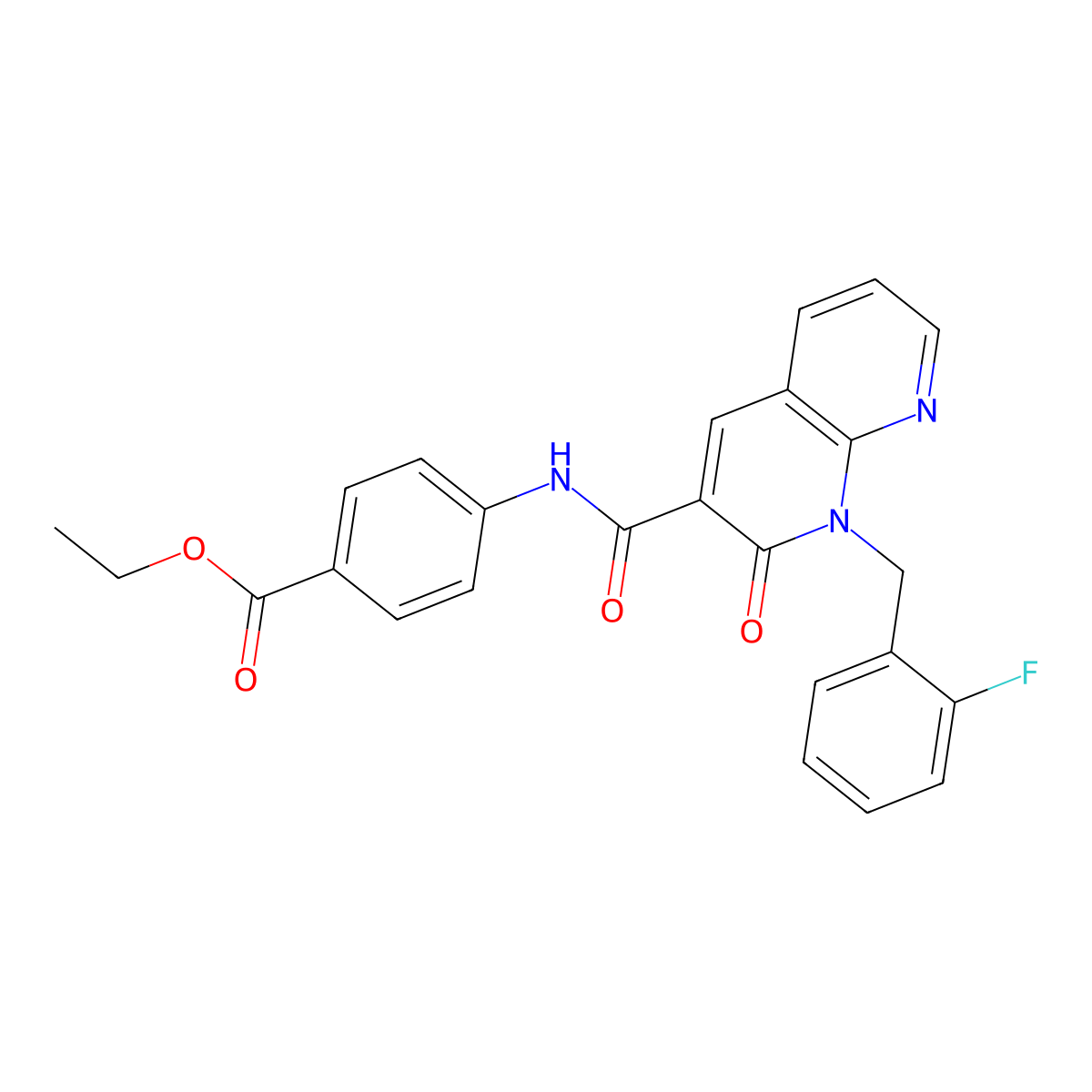 Ethyl 4-(1-(2-fluorobenzyl)-2-oxo-1,2-dihydro-1,8-naphthyridine-3-carboxamido)benzoate molecular structure, CAS 1005306-92-2