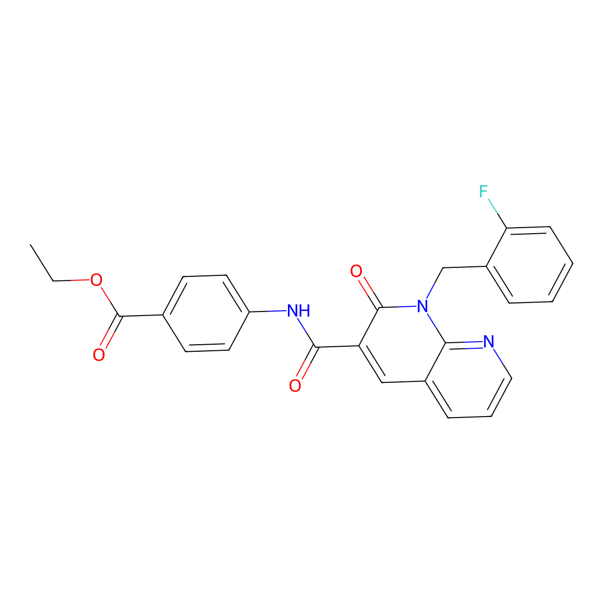 Ethyl 4-(1-(2-fluorobenzyl)-2-oxo-1,2-dihydro-1,8-naphthyridine-3-carboxamido)benzoate molecular structure, CAS 1005306-92-2