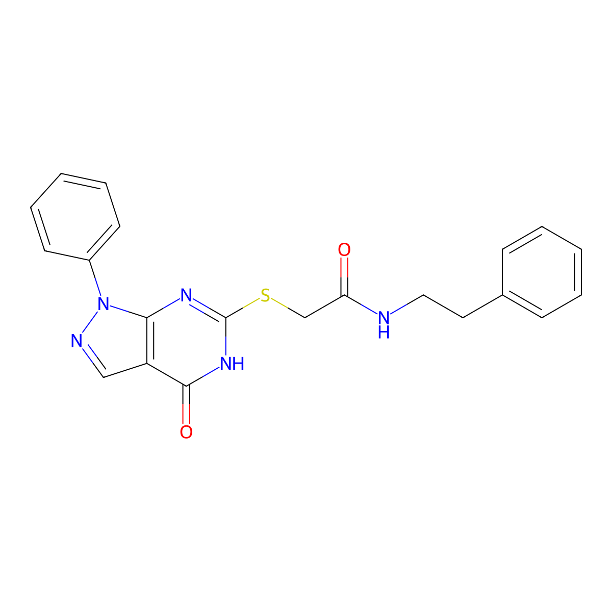 2-((4-oxo-1-phenyl-4,5-dihydro-1H-pyrazolo[3,4-d]pyrimidin-6-yl)thio)-N-phenethylacetamide molecular structure, CAS 1005307-05-0