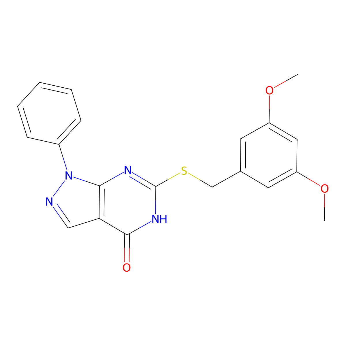 6-((3,5-dimethoxybenzyl)thio)-1-phenyl-1H-pyrazolo[3,4-d]pyrimidin-4(5H)-one molecular structure, CAS 1005307-11-8